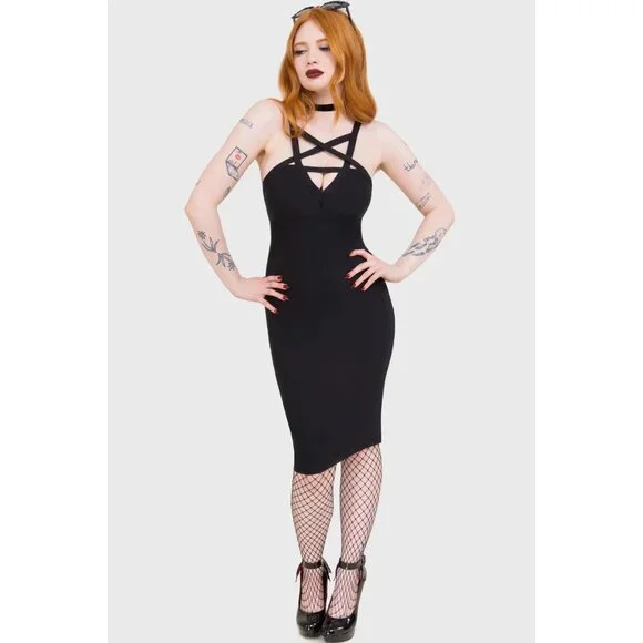 Killstar Dress M Betty Rage Pin Up Midi Strappy Stretchy Bodycon Black Goth NWT - Picture 4 of 6